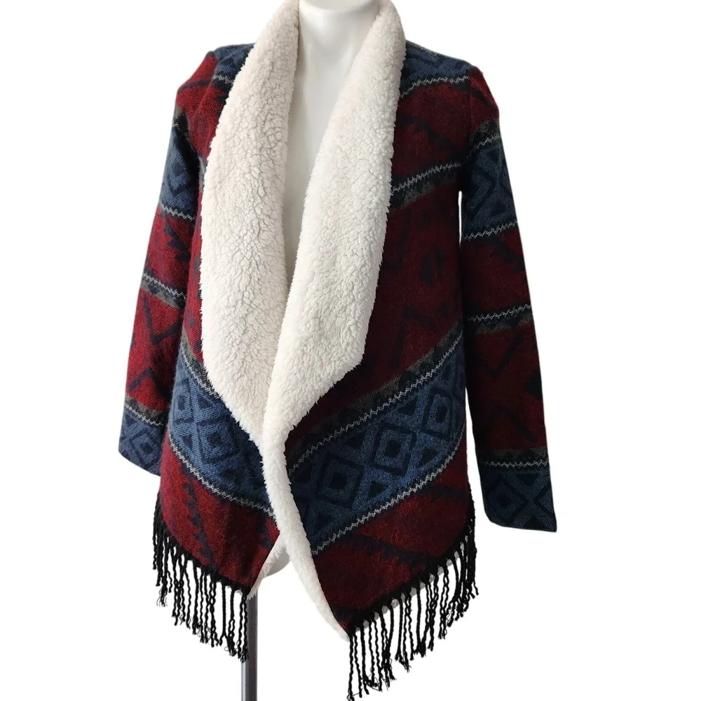 Hollister Aztec‎ Sherpa Fleece Open Front Cardigan Jacket blue/red Size Small